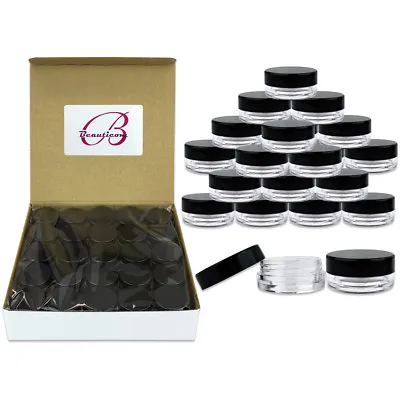 Beauticom® (50 PCS) 3G/3ML Clear Plastic Refillable Jars W/Black Flat Lids 50pcs • $8.59