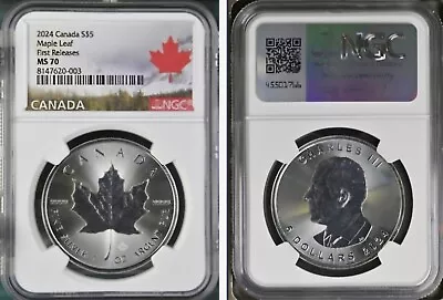 2024 Canada 1oz SILVER MAPLE LEAF MS70 FIRST RELEASES FIRST KCIII MAPLE LEAF  • $109