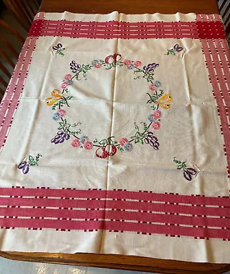 Sweet Vintage Cotton Hand Embroidered Tablecloth 48x52 Fruit W Border • $30.60