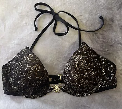 Victoria's Secret Bikini Top Black & Metallic Gold Crochet Metal Size 32B • £18.49