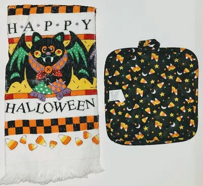 Halloween Pot Holder Kitchen Towel Bats Candy Corn Set • $8