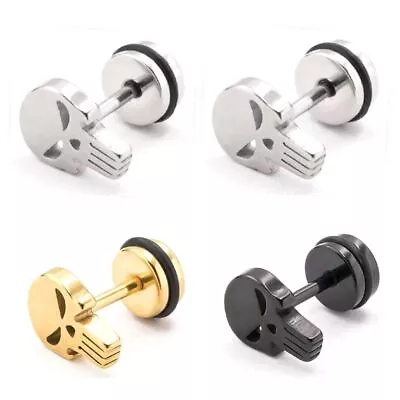 Mens Gothic Punk Punisher Skull Stud Earrings Surgical Steel Silver Gold Black • $6.39