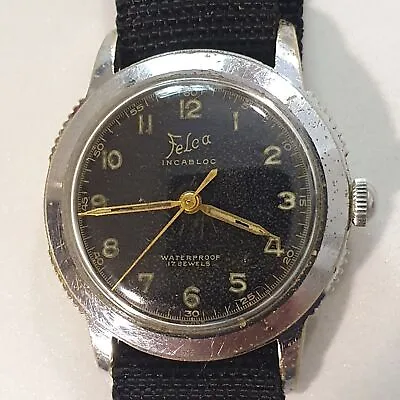 Military Men's Watch  FELCA  Swiss Vintage Black Dial Rare  Mod.A  17Jewels 55 • $195.32