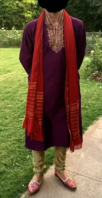 Men's Indian Wedding Kurta Shalwar Pajama Sherwani Outfit - Purple & Gold • £60