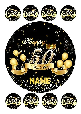 50th BIRTHDAY CAKE TOPPER ROUND EDIBLE ICED ICING 7.5  + 8 CUPCAKE TOPPERS • £4.25