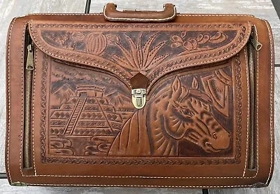 Vintage Mexican Aztec Mayan Leather Hand-tooled Briefcase Bag Ideal Horse Cowboy • $74.95