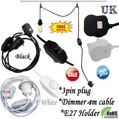 UK Plug In Pendant Lamp With Dimmer Light Set E27 Fitting 4m Black PVC Cable Kit • £9.98