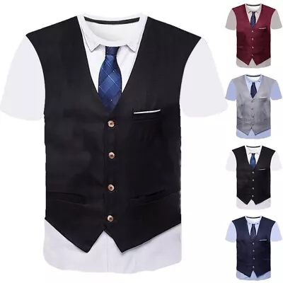 £10.67 • Buy Mens Short Sleeve Tuxedo Suit Tie Funny 3D Print T-shirt Summer Formal Tees