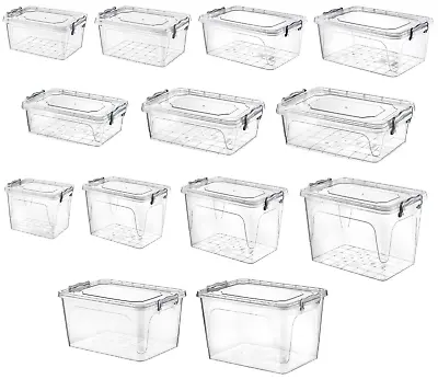 Clear Plastic Storage Box With Lid Kitchen Food Office Stackable Container Boxes • £24.99