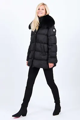 Women's Moncler Mesange Padded Coat Fox Fur Detach Collar Black Size 1 EUC • $1700