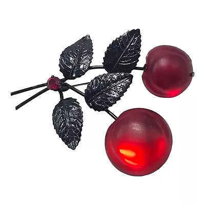 Vintage Austria Glass Cherry Brooch Pin Jappaned Red Rhinestone Cherries • $100