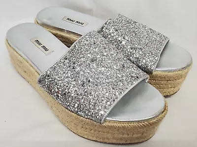 Miu Miu Silver Glitter Platform Espadrille N3839 Sandal Slide Pirite Size 39 • $249.99