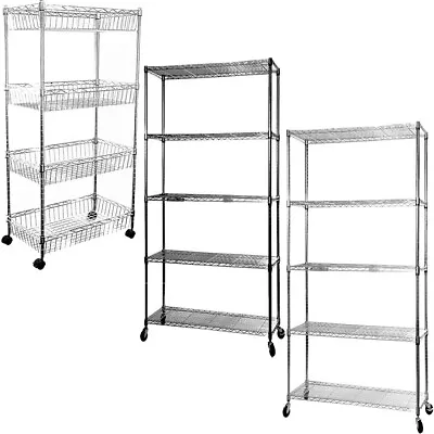 4/5 Tier Metal Storage Rack/Shelving On Wheel Wire Shelf Kitchen/Office Unit • £46.96