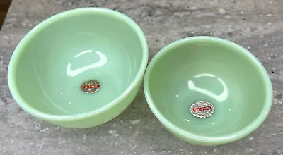 2 Fire King Jadeite Jadite Green Milk Glass Beaded Edge Mixing Bowls Mint LABELS • $100