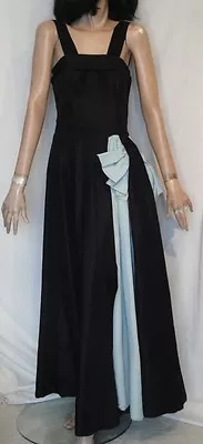 Vintage Long Black Rayon Party Dress Gown Blue Inserts Side Zip B36 • $34.99