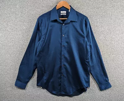 CALVIN KLEIN Performance Non Iron Men's Navy Blue Slim Dress Button Shirt 16 L • £11.50