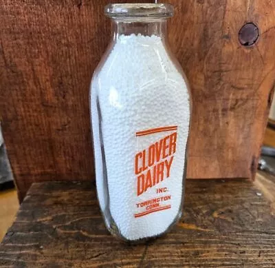 Rare ANTIQUE Glass Milk Bottle CLOVER DAIRY FARM☆1Qt • TORRINGTON CT • $24