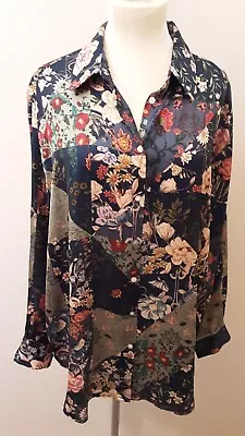 Zara Size XL/20 Blue Silky Feel Floral Collard Blouse Full Button Front Long... • £5