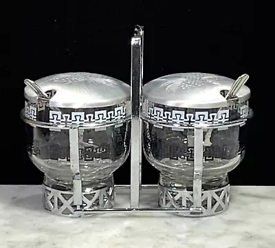 Vintage Libbey Glass Condiment Jars Embossed Aluminum Lids & Metal Caddy • $22