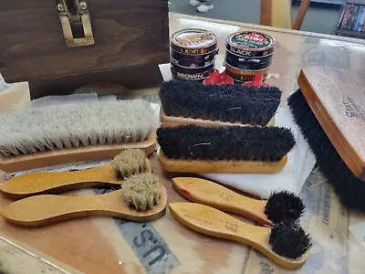 Vintage Wood Shoe Shine Box Brown Prop Display Storage WITH SUPPLIES • $15