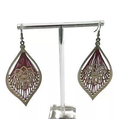 Boho Moroccan Style Gold Tone Flower Maroon String Drop Dangle Earring • $14.77