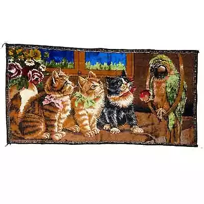 Vintage Large Carpet Wall Tapestry Kittens Parrot Kitsch Cat Kitties Bird 19X38 • $56.70