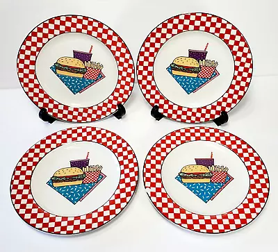 4 Century Stoneware Happy Day Salad Plates Red White Checks 50s Diner  1 Chipped • $19.50