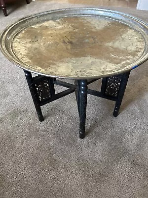 Vintage Moroccan Brass Top With ￼ Carved Wood Folding Legs Table 21” • $285