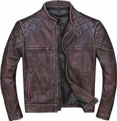 Leather Jacket Men's Cafe Racer Biker Motorcycle Brown Genuine Leather Jacket • $103.49