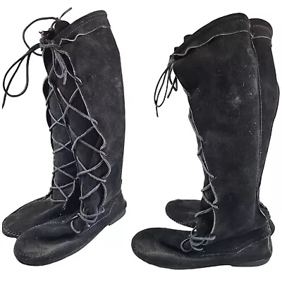 Vtg 70s 80s Leather Moccasin Minnetonka Black Suede Lace Up Knee High Boots 9 • $29.99