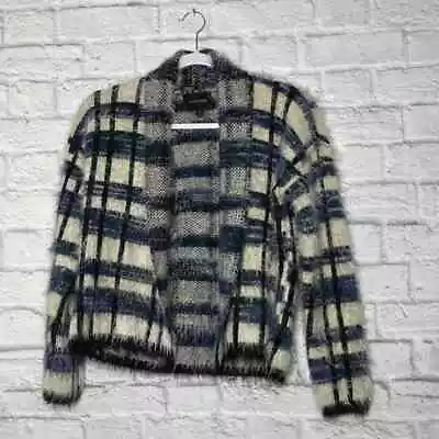 La Fee Verte Adult Sweater XS Blue Cream Plaid Eyelash Open Front Cardigan Women • $13.30