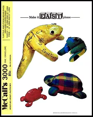 McCall's 3000 Pattern FROG TURTLE BEAN BAGS Stuffed Animal Toy Large & Small • $5.99