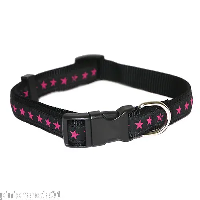 Rosewood Adjustable Nylon Dog Puppy Collars Leads Black & Pink Stars Wag'n'walk • £5.95
