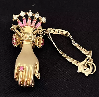 Vintage 1950 By Lle Co. Pink & Clear Rhinestone Hands Glove Clip • $98