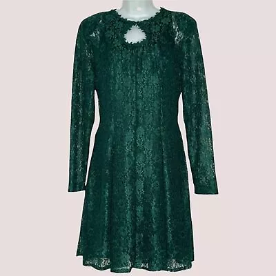 Vintage Green Lace Skater Dress Keyhole Long-Sleeve Tie-Back Bow Christmas • $22.80