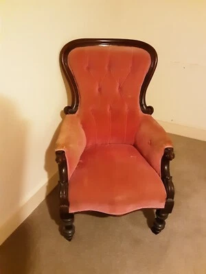 £150 • Buy Antique Victorian Spoon Back Deep Buttoned Pink Armchair