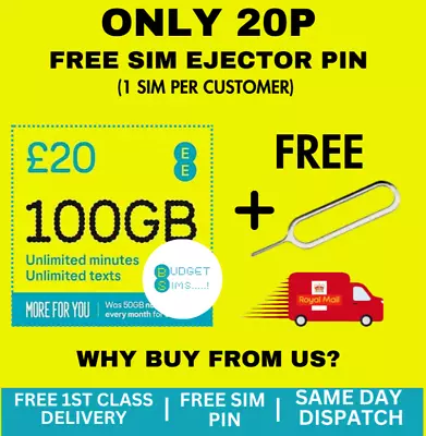 EE Sim Card 100GB £20  Pay As You Go Mini Micro Nano Only 20p + Free Sim Pin • £0.99