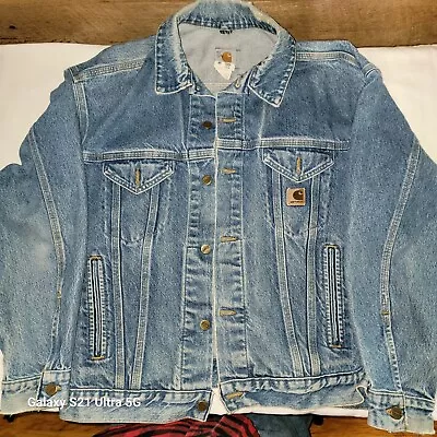 $32 • Buy Vintage Carhartt J12DST Denim Jacket LARGE Union USA Made Trucker Cotton 