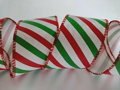 £2.40 • Buy 1M Wired Christmas Ribbon Candy Stripe Red Green Ribbon 63mm