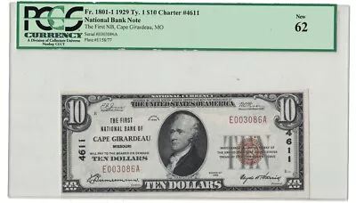 U.S. (Cape Girardeau MO) - 1929 $10.00 National Currency Banknote (PCGS New 62) • $430