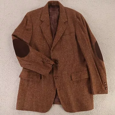 VINTAGE Tweed Jacket S Brown Green Nailshead 100% Wool Elbow Patches Blazer 38R • $89.97
