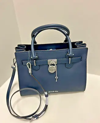 Michael Kors Hamilton Women Medium Leather Satchel Handbag Crossbody Bag In Navy • $195