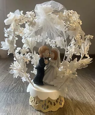 Vintage LEFTON BRIDE GROOM WEDDING CAKE TOPPER Floral GAZEBO RED HAIR • $28