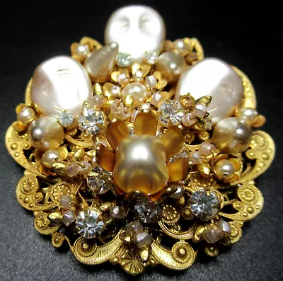 MIRIAM HASKELL Unusual Coin & Sphere Shaped Faux Pearl Rhinestone Pin Brooch • $149.99