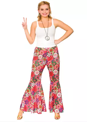 NEW Flower Power Hippie Pants Ladies 1960's 70's Groovy Fancy Dress Costume • £13.99