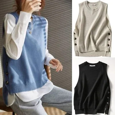 Ladies Solid Knitted Waistcoat Gilet Tank Top Crew Neck Sweater Sleeveless Vest • £13.99