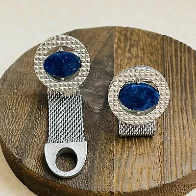 Swank Vintage Lapis Lazuli Mesh Silver Tone Cufflinks • $29