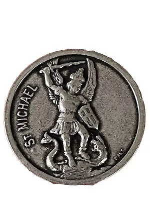 VTG Catholic Saint St Michael Pray For Us Pewter Silver Tone Medal Pocket Coin • $10