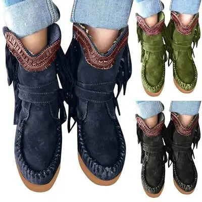 £25.07 • Buy Women Tassel Suede Fringed Moccasin Ankle Boots Flat Platform Casual Shoes Size-