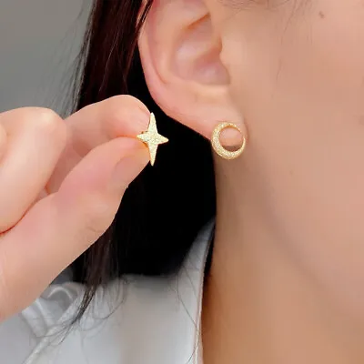 18K Gold Vermeil Moon And Star Stud Earrings Mismatched Moon And Star Studs • $21.28